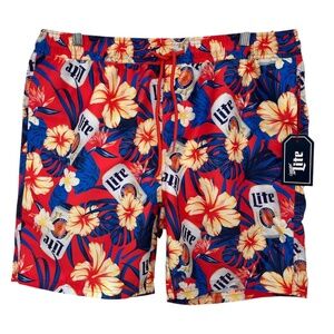 Miller Lite Hibiscus Floral Print Swim Trunks 6.5” Inseam Large